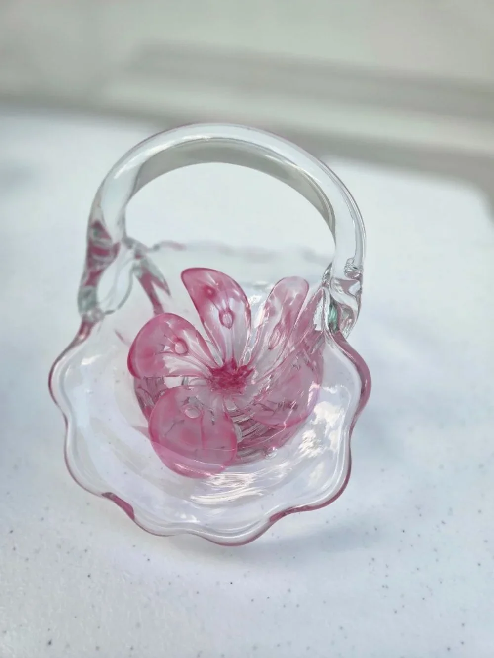 Kerry Zimmerman 1989 Handcrafted Glass Basket With Pink Floral Design
